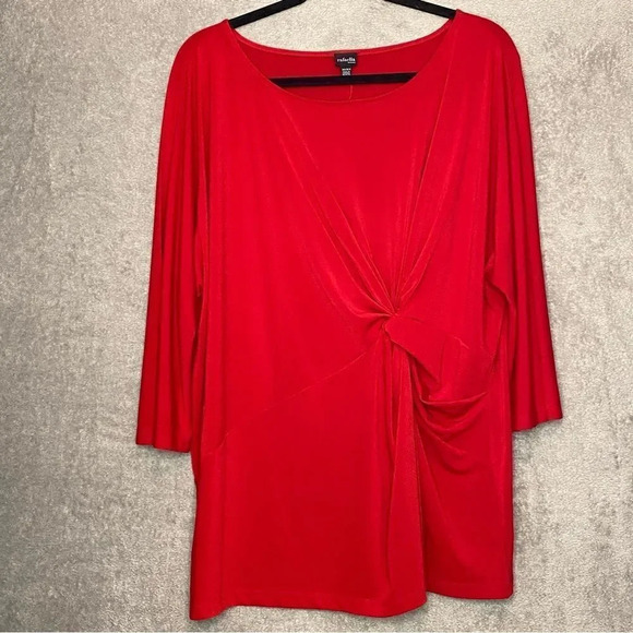 Rafaella 3X Top Shirt Red Solid Round Neck 3/4 Sleeve Knot Faux Wrap Stretch P11 - Picture 1 of 7